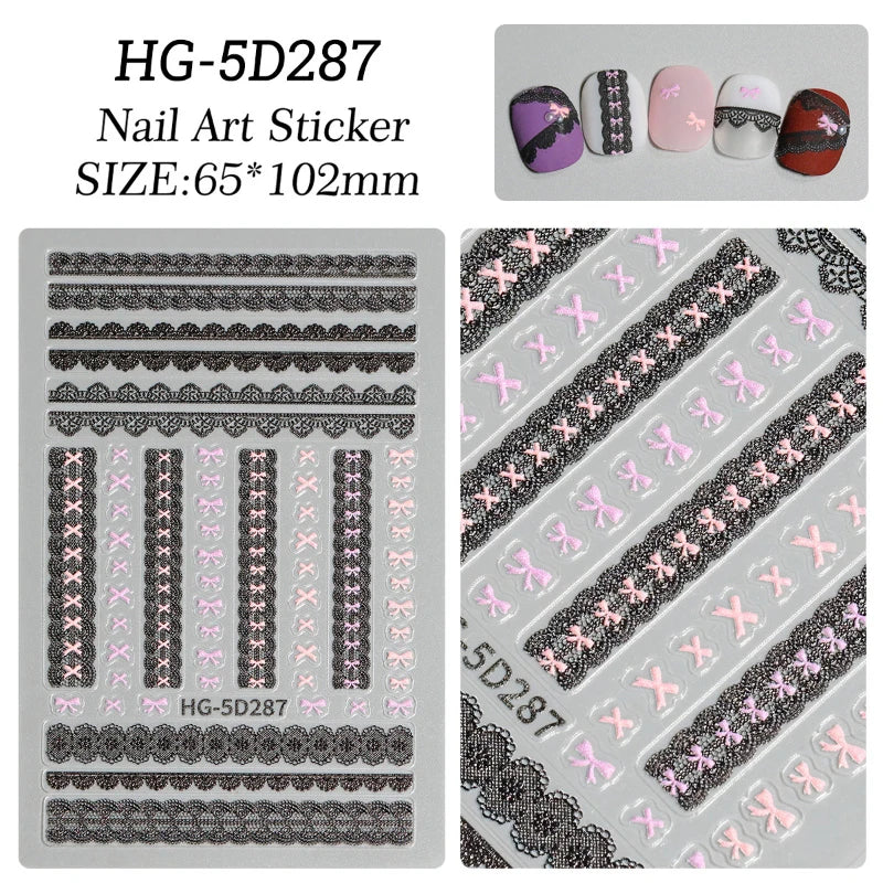 1pc Retro White Lace Bowknot Rose 5D Embossed Reliefs Heart Self Adhesive Nail Art Stickers Vintage Grid Pattern Manicure Decals