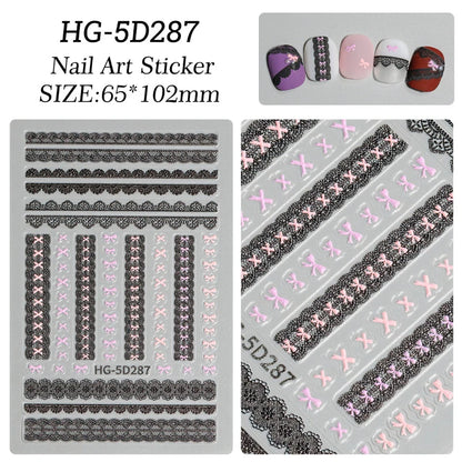 1pc Retro White Lace Bowknot Rose 5D Embossed Reliefs Heart Self Adhesive Nail Art Stickers Vintage Grid Pattern Manicure Decals