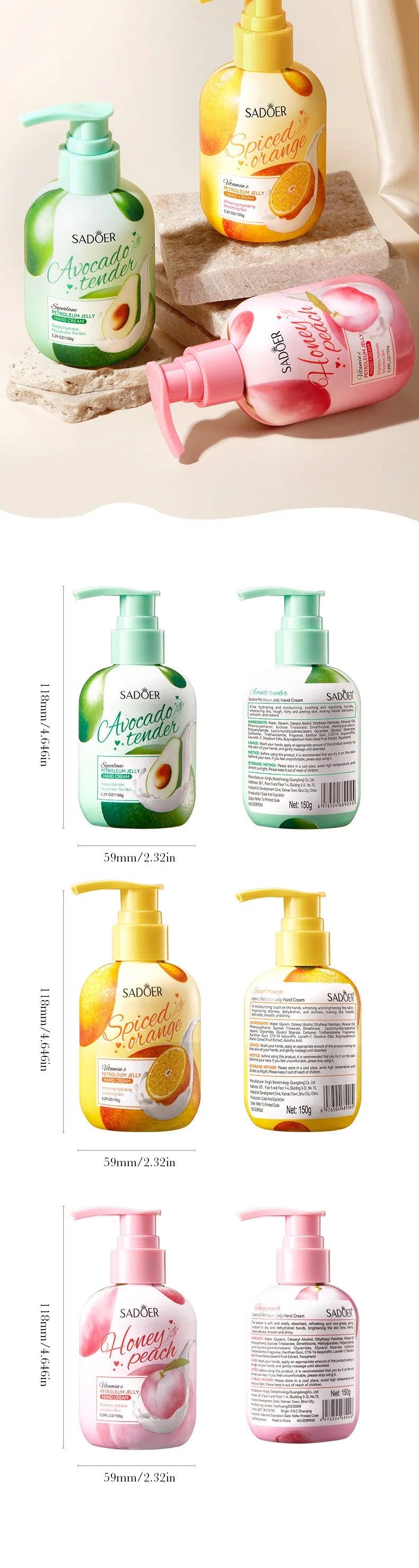 150g SADOER Fruits Hand Cream Moisturizing Whitening Anti Wrinkles Anti-Aging Hydrating Hands Skin Care Products