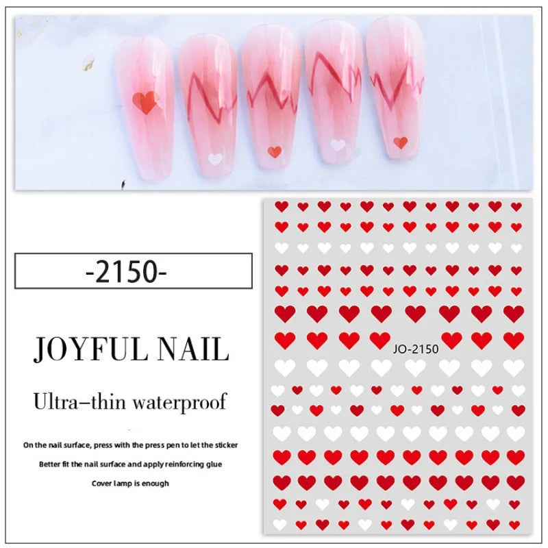 Nail Stickers 3D Love Heart Black White Love Valentine's Day Self-Adhesive Nail Art Decals for DIY Manicure Nail Decorations