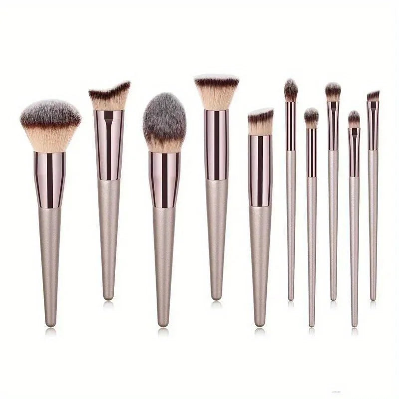 10PCS Champagne Gold Brush Set - Vegan & Cruelty-Free Bristles, All-in-One Full Face & Eye Kit (Beginners/Pros)