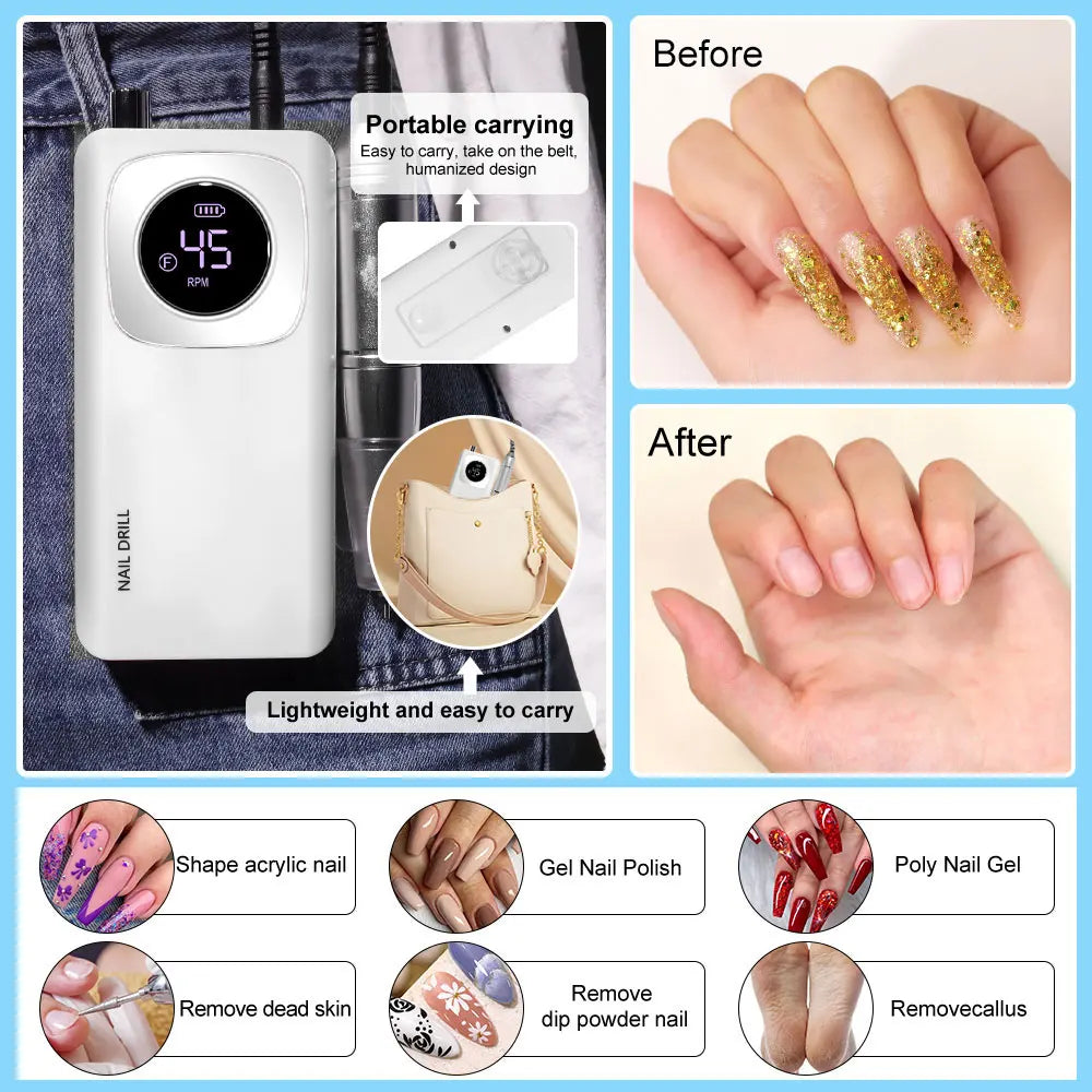 45000 RPM Electric Portable Nail Drill Machine Rechargeable for Gel Nails Polish Portable Nail File Manicure Salon & Home Tools