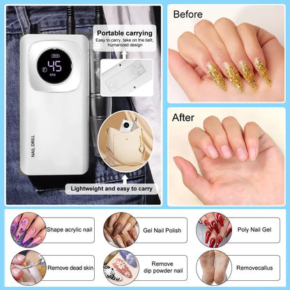 45000 RPM Electric Portable Nail Drill Machine Rechargeable for Gel Nails Polish Portable Nail File Manicure Salon & Home Tools