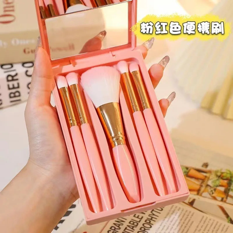 5Pcs Portable Makeup Brush Set With Mirror - Foldable Travel Kit ，Mini Makeup Brush Set Travel Makeup Brush Set