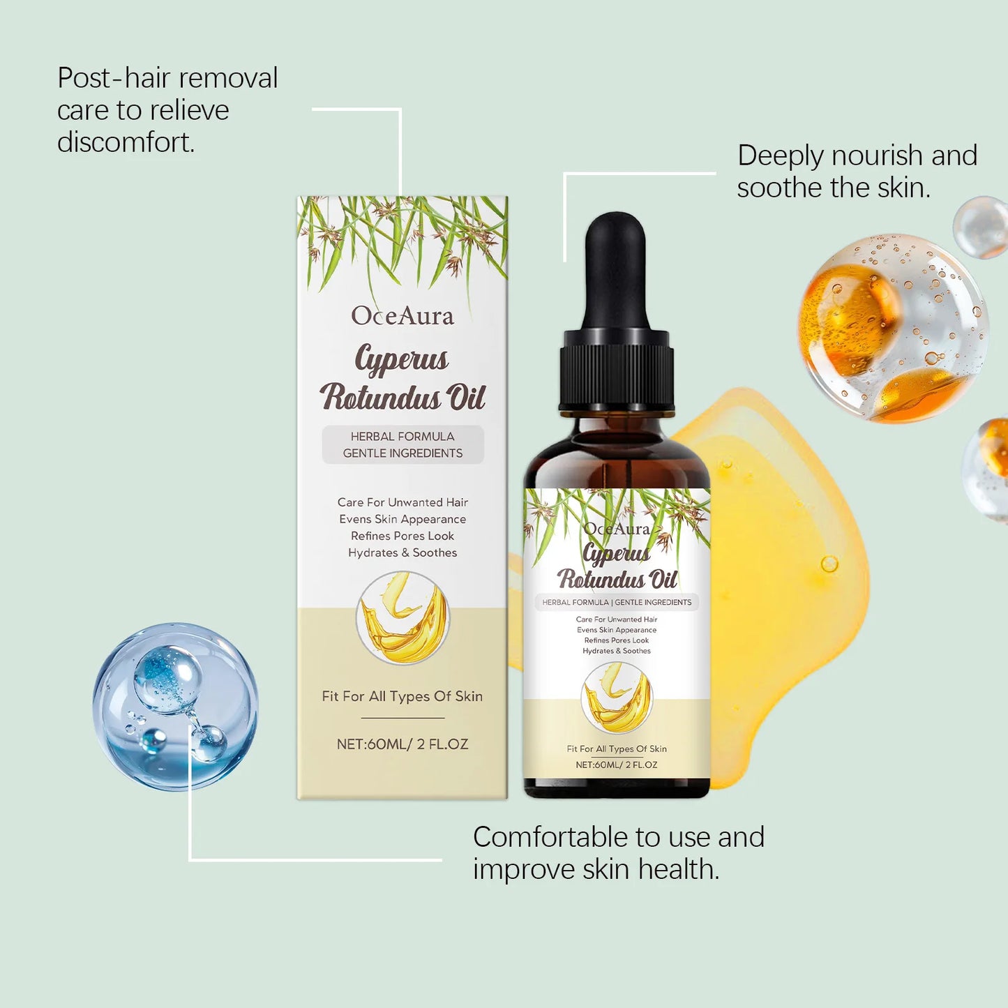 OceAura Cyperus Rotundus Oil Reduce Hair Growth Shrink Pores Smooth Skin Barrier Repair Care Sweet Almond Oil After Shave Oil