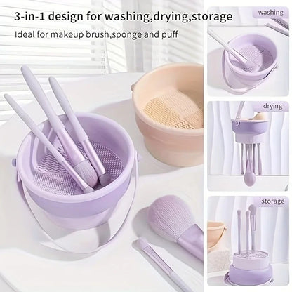 3-In-1 Silicone Makeup Brush Cleaner Mat Cosmetic Brush Cleaning Tool with Drying Rack Beauty Organizer Kit for Makeup Lovers