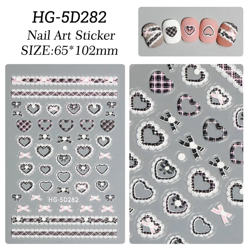 1pc Retro White Lace Bowknot Rose 5D Embossed Reliefs Heart Self Adhesive Nail Art Stickers Vintage Grid Pattern Manicure Decals