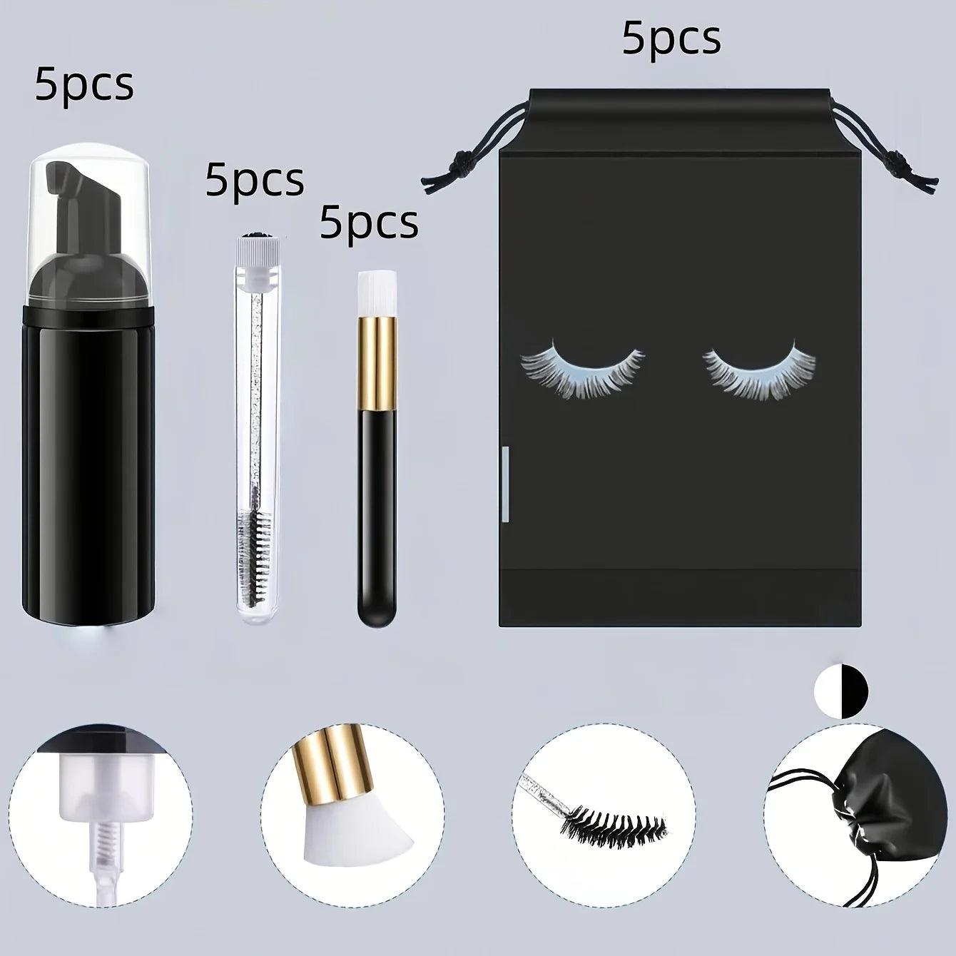 20Pcs Lash Care Kit - 5 Foam Pumps + 5 Detail Brushes + 5 Wand Applicators + 5 Storage Bags | Salon Hygiene Travel Set