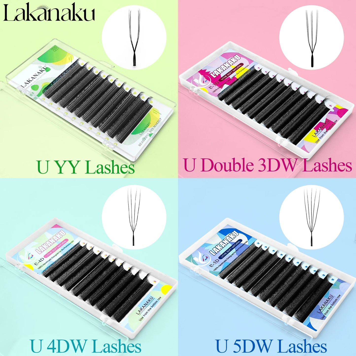 LAKANAKU 2D UU YY Lashes 3D 4D 5D W Fibras Tecnologicas Pestañas Shape U Eyelash Extension De Cils Premade Fans Lashes Extension
