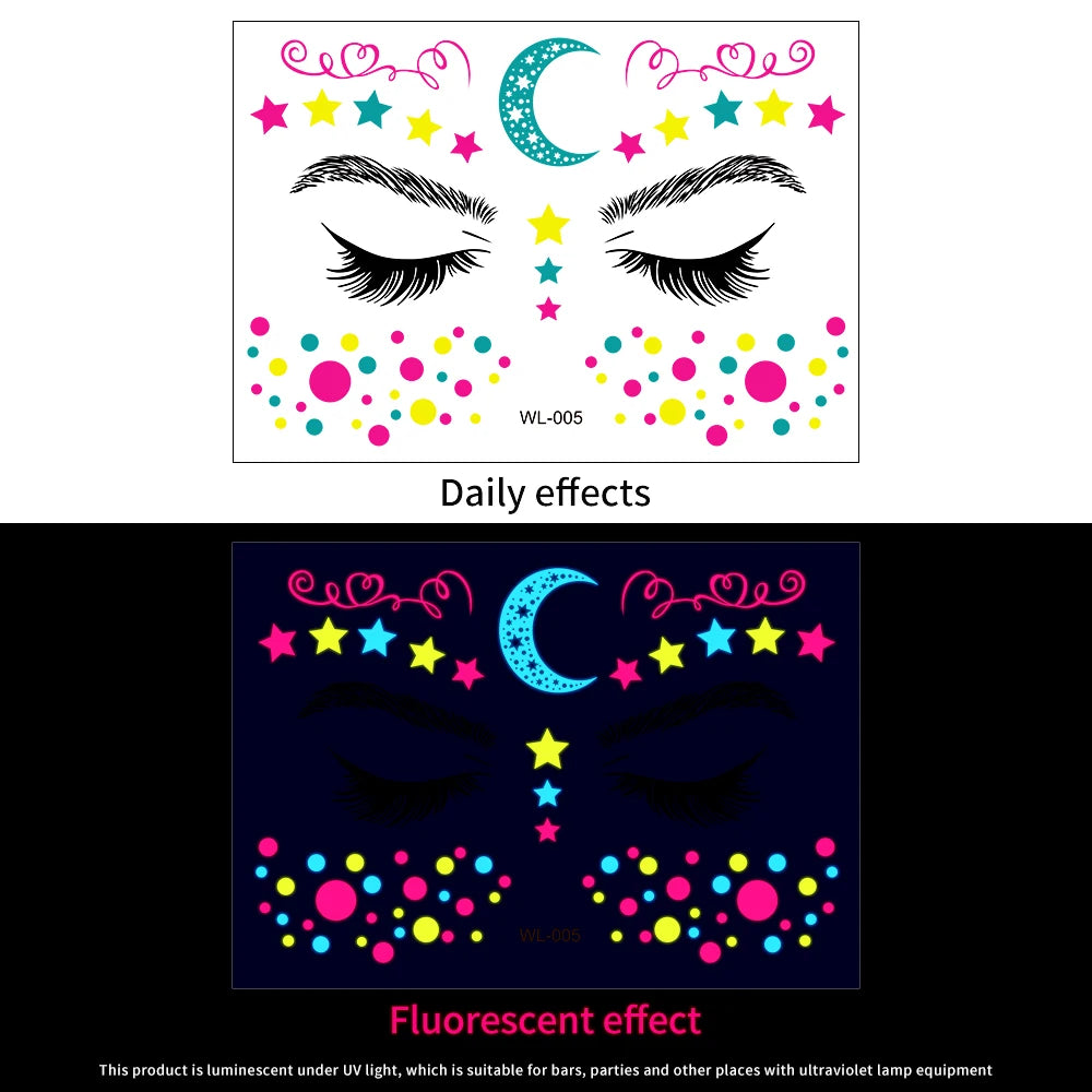28Pcs Gold Glitter Powder Fluorescent Waterproof Face Tattoo 14x15cm Butterfly/Flowers Makeup Sticker DIY Party Neon Face Decal