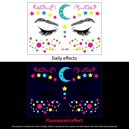 28Pcs Gold Glitter Powder Fluorescent Waterproof Face Tattoo 14x15cm Butterfly/Flowers Makeup Sticker DIY Party Neon Face Decal
