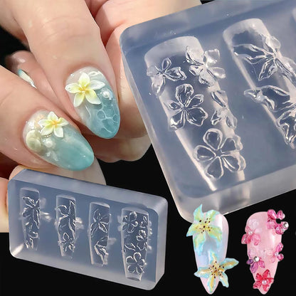 1pcs Dahlia Plumeria Flower Silicone Nail Mold With Carving Pen Spring Blossom Floral Manicure Template Nail Art Stencil Tools T