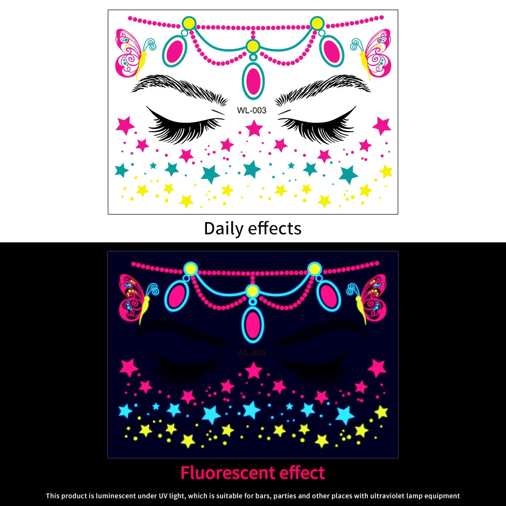 28Pcs Gold Glitter Powder Fluorescent Waterproof Face Tattoo 14x15cm Butterfly/Flowers Makeup Sticker DIY Party Neon Face Decal