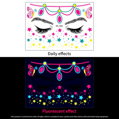 28Pcs Gold Glitter Powder Fluorescent Waterproof Face Tattoo 14x15cm Butterfly/Flowers Makeup Sticker DIY Party Neon Face Decal