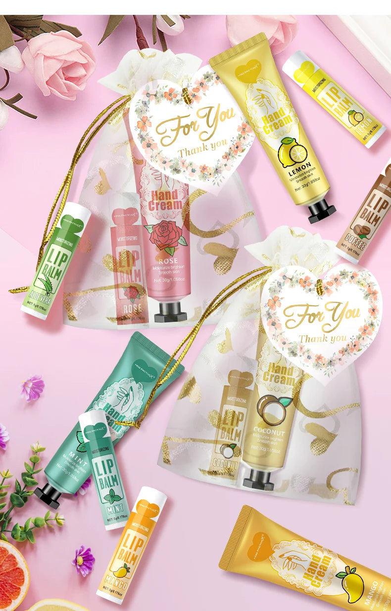 Gift set 48 sets/box, 12 kinds of scented lip balm and hand cream set with mesh bag and thank you card party gift