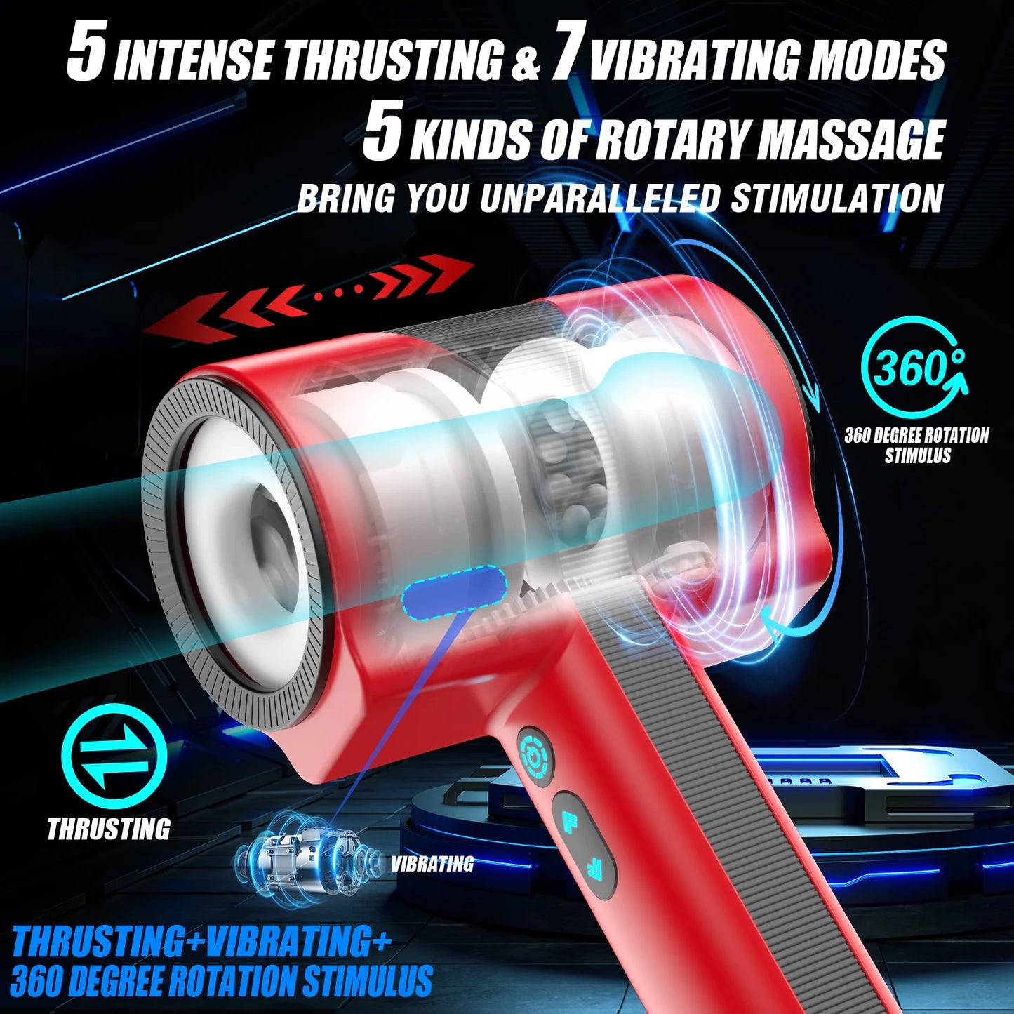 Men's masturbator with 7 types of vibration, 5 types of thrust, and 5 types of rotation. Dual inner chambers are soft and comfor