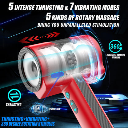 Men's masturbator with 7 types of vibration, 5 types of thrust, and 5 types of rotation. Dual inner chambers are soft and comfor