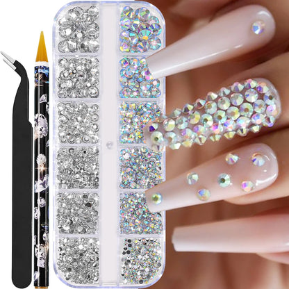 12Grids Mixed-Shape Crystal Nail Art Rhinestones Pink/Red Flatback Nail Gems Luxury Diamond Glass Stones Manicure Decoration