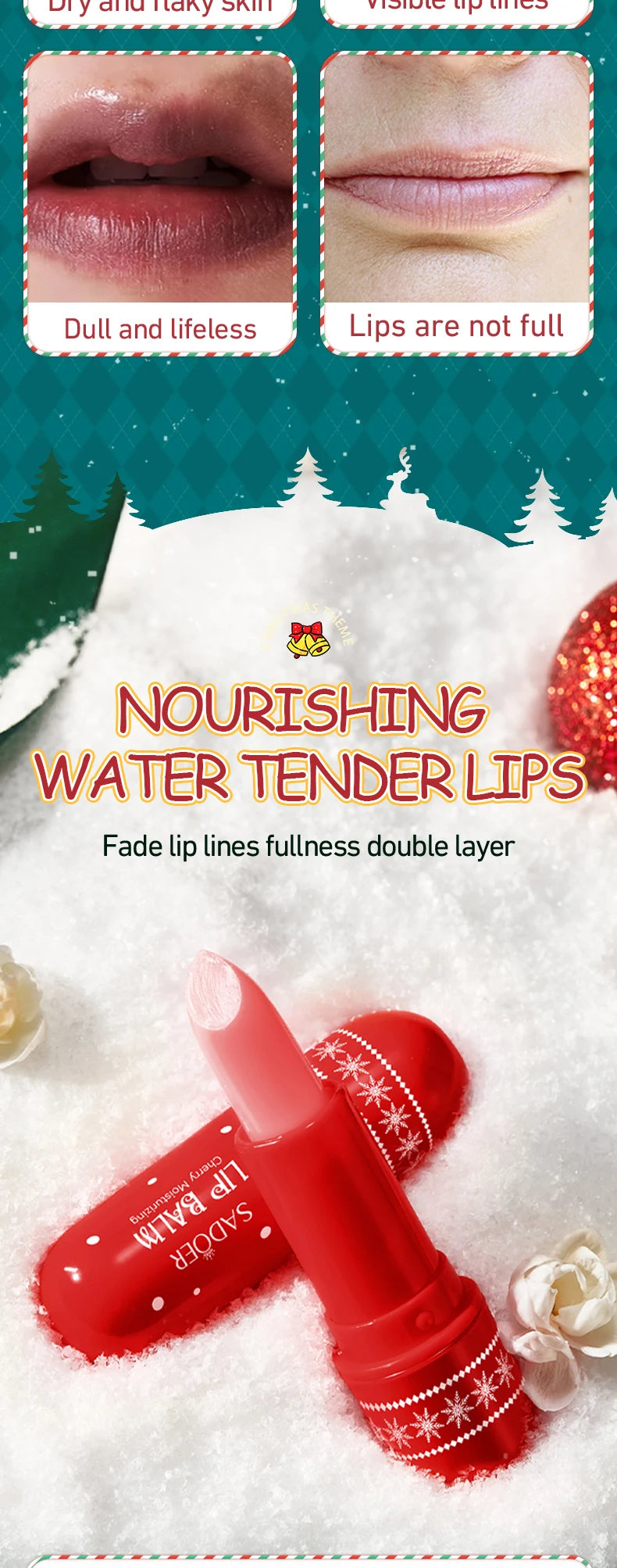 SADOER Christmas Moisturizing Lipstick Anti Cracking Hydrating Repair Nourishing Plump Lips Balm Plumper Skin Care