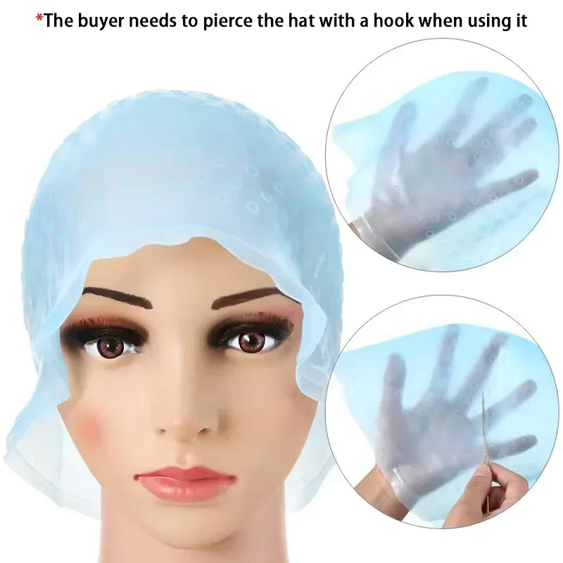 2Set Silicone Hair Coloring Cap Reusable Highlight Cap Frosting Cap with Hook Needle Professional Hair Salon Tools Dyeing Kit