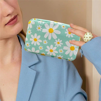 Trendy Large Capacity Corduroy Makeup Bag Travel Printed Toiletry Organizer Bag Makeup Brush Skincare Storage Bag for Women