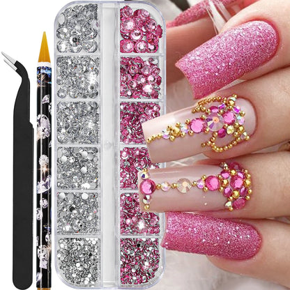 12Grids Mixed-Shape Crystal Nail Art Rhinestones Pink/Red Flatback Nail Gems Luxury Diamond Glass Stones Manicure Decoration