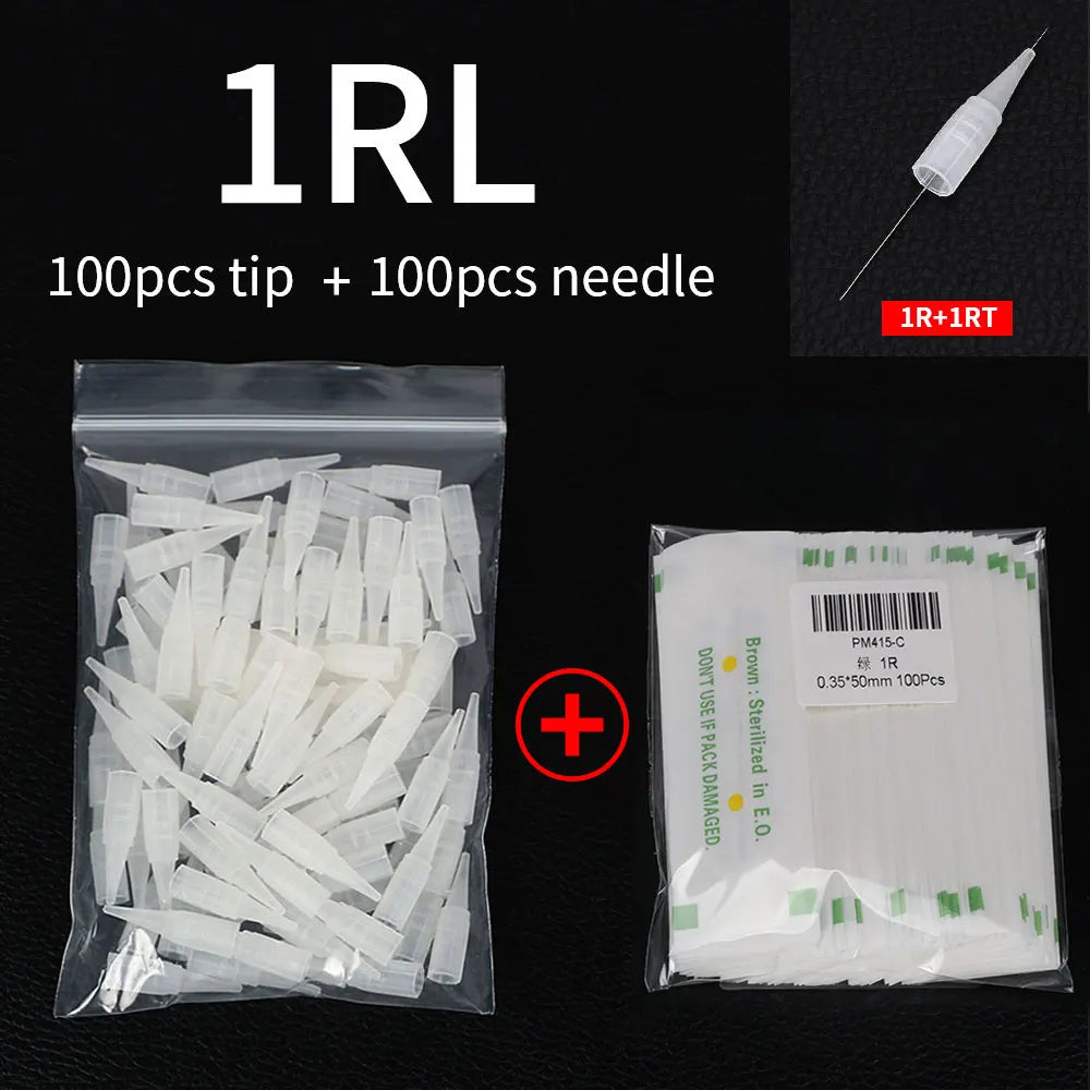 100PCS 1R 3R 5R 5F 7F Tattoo Needles+100Pcs Needle Cap Tips Disposable Microblading for Permanent Makeup Eyebrow Tattoo Machine
