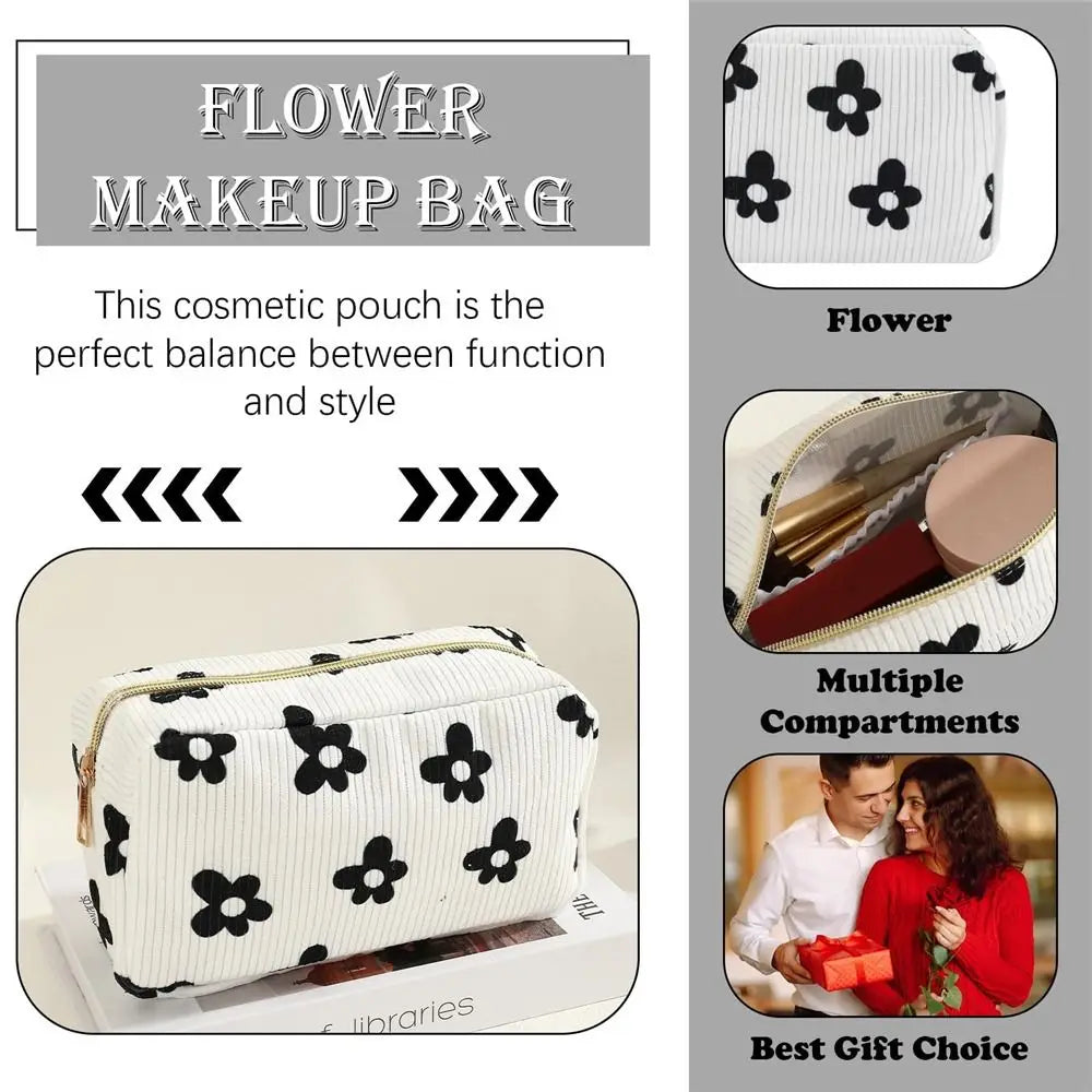 Trendy Large Capacity Corduroy Makeup Bag Travel Printed Toiletry Organizer Bag Makeup Brush Skincare Storage Bag for Women