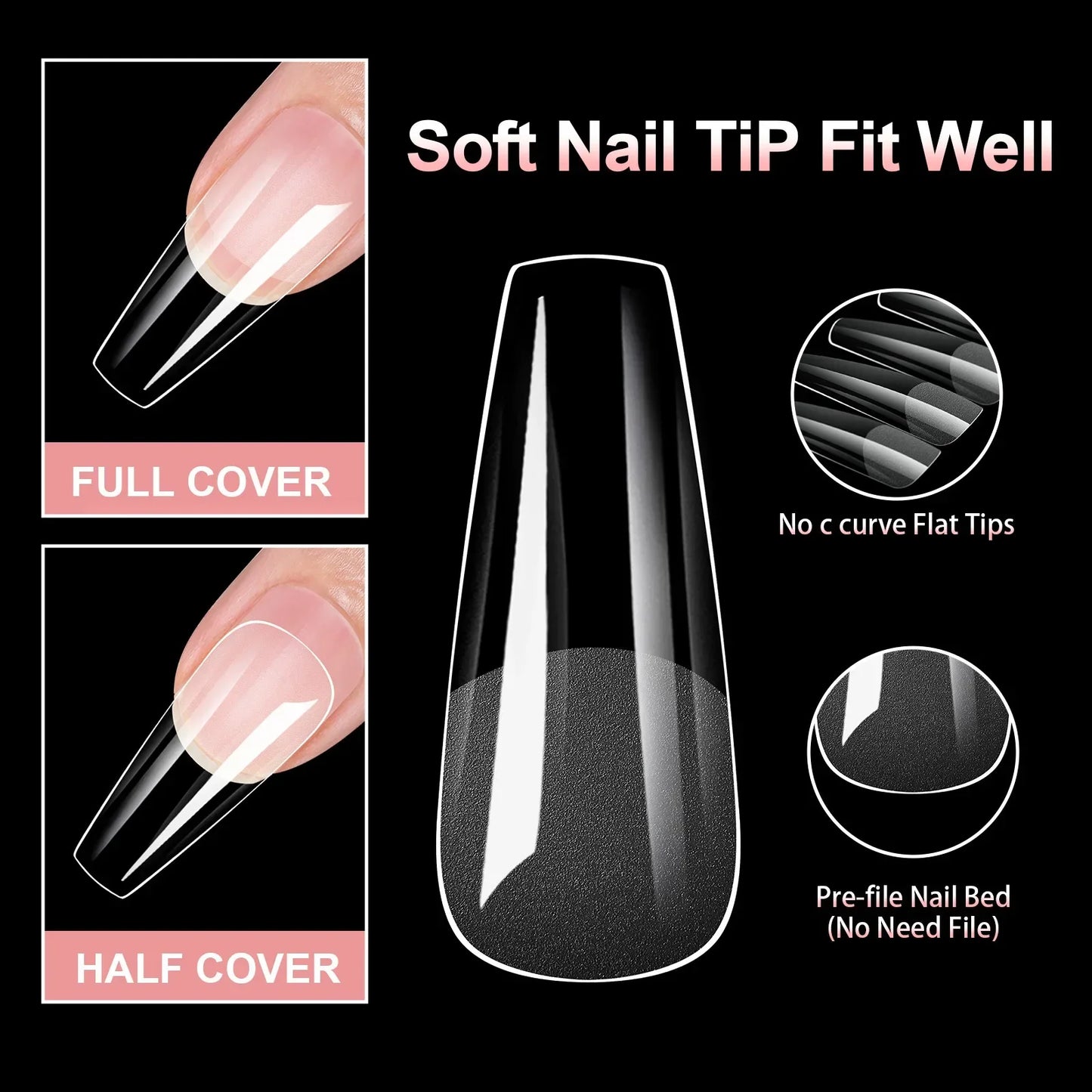 100pcs False Soft Gel Nail Tips Half/Full Cover Double-Use Press On Acrylic Nails Almond Coffin Stiletto Fake Nails Supplies