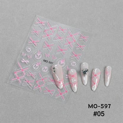 1pc Retro White Lace Bowknot Rose 5D Embossed Reliefs Heart Self Adhesive Nail Art Stickers Vintage Grid Pattern Manicure Decals