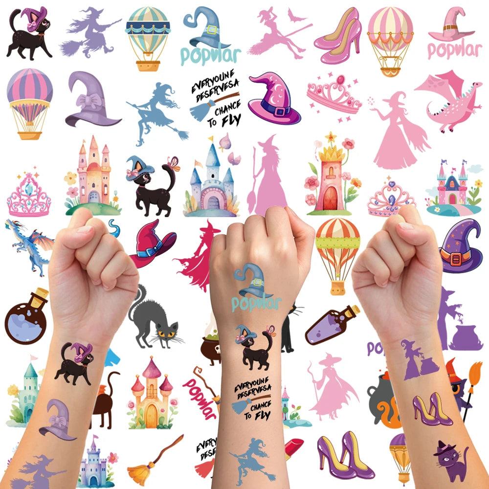 Magic witch temporary tattoo, removable funny makeup tattoo decorations, witch, magic broom, kitten, crown, magic pot.
