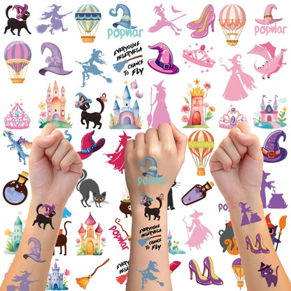 Magic witch temporary tattoo, removable funny makeup tattoo decorations, witch, magic broom, kitten, crown, magic pot.