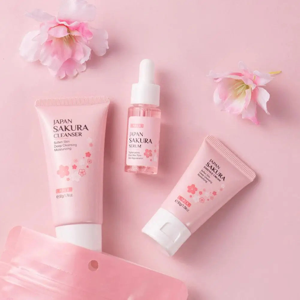 Sakura skin care sets with cleanser, serum, eye cream, facial cream, sunscreen beauty products for women, travel skin care kit