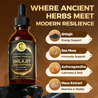 Shilajit Liquid Drops with Sea Moss, Ashwagandha, Maca, Moringa Liquid Vitamins for Women and Men -Trace Minerals+HerbalFusion