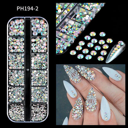 12Grids Mixed-Shape Crystal Nail Art Rhinestones Pink/Red Flatback Nail Gems Luxury Diamond Glass Stones Manicure Decoration