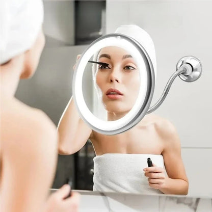 LED Makeup Mirror with 10X Magnifier & Flexible Gooseneck – Suction Cup, Diffused Light, 360° Rotation for Bathroom & Vanity