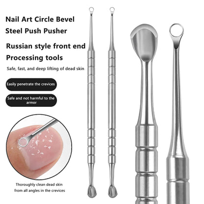 Stainless Steel Double-Ended Nail Care Tool Cuticle Pusher Remover Manicure Cleaner Circle & Horseshoe Header