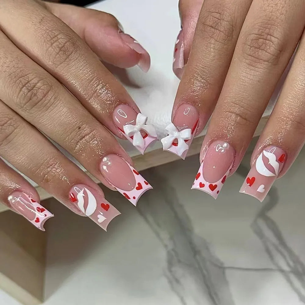 24Pcs Mid-length Square Head Press on Fake Nails White French Flower Design False Nails Simple Detachable Full Cover Nails Tips
