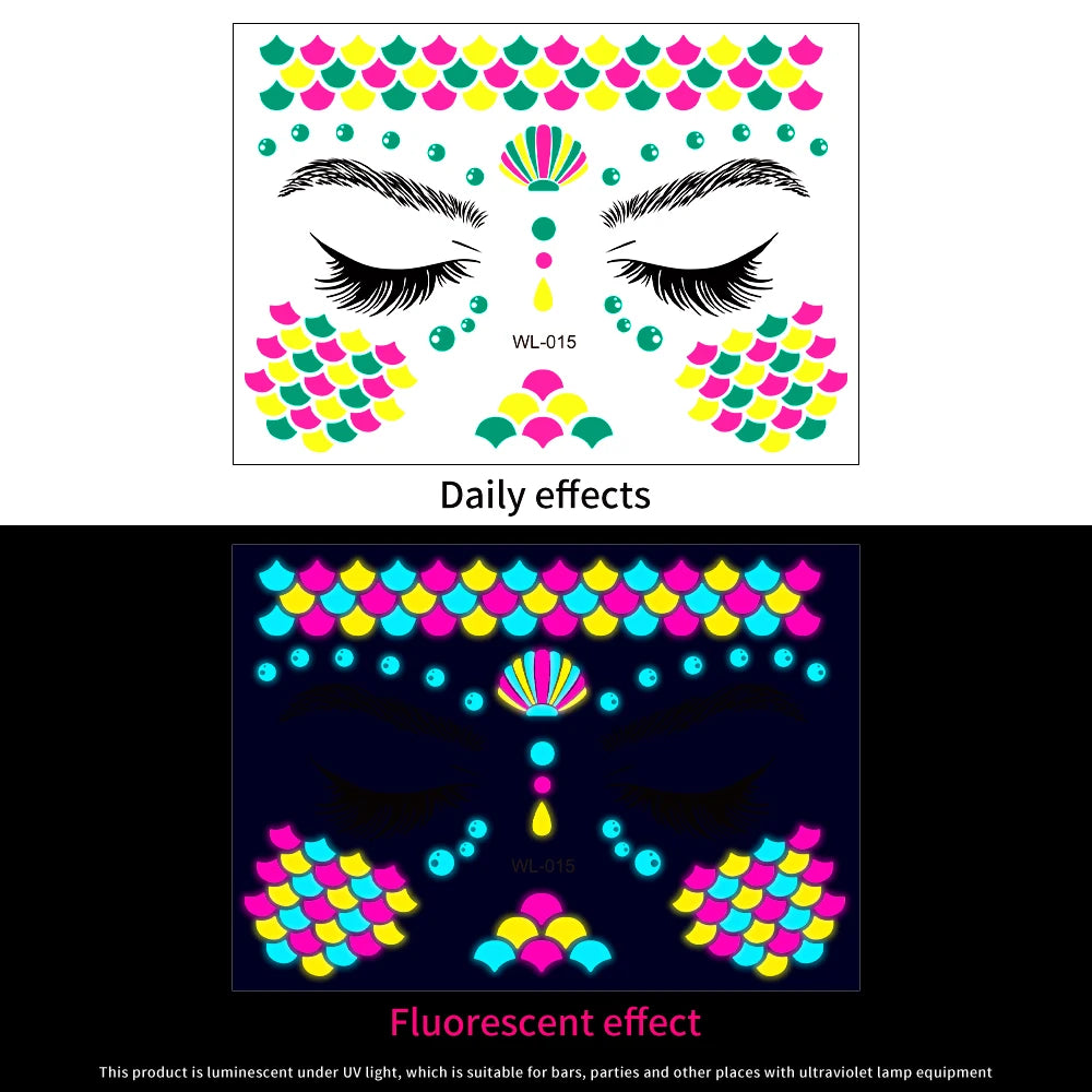 28Pcs Gold Glitter Powder Fluorescent Waterproof Face Tattoo 14x15cm Butterfly/Flowers Makeup Sticker DIY Party Neon Face Decal